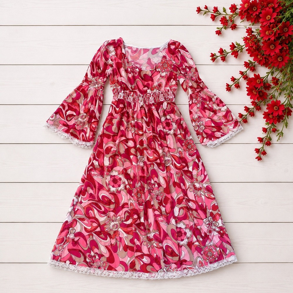 psychedelic Retro bell sleeve Maxi‎ Dress hippie dopamine fairy princess style